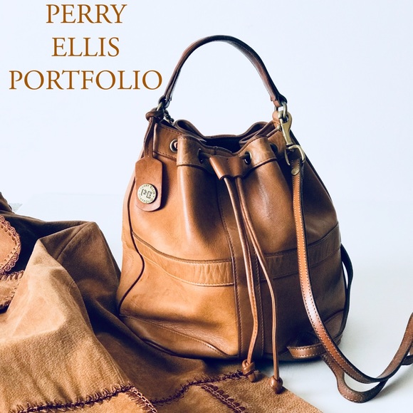 Perry Ellis Portfolio Handbags - Vintage Perry Ellis Portfolio Leather Bucket Bag